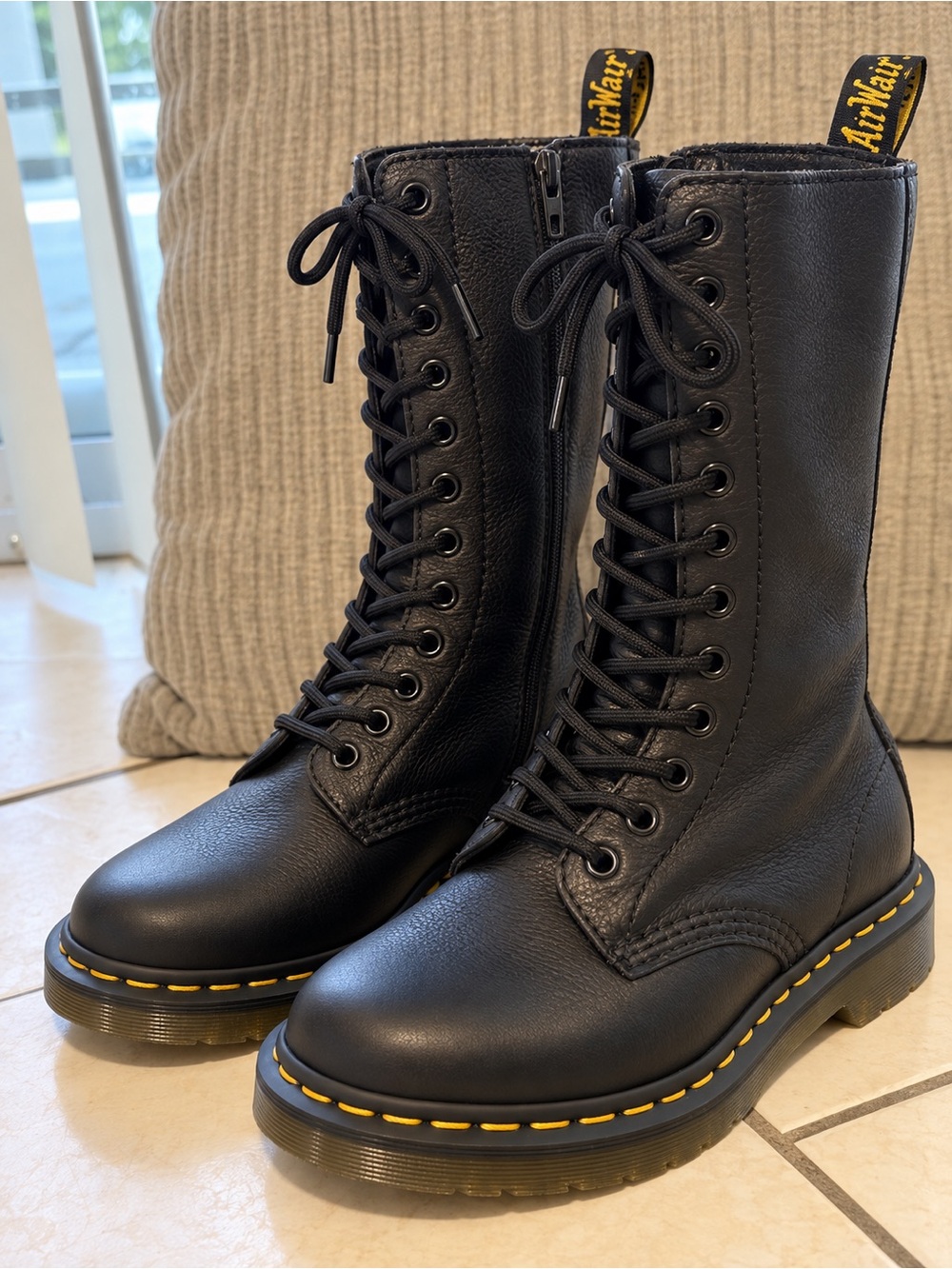 Black Leather Lace-Up Combat Boots with Yellow Stitching